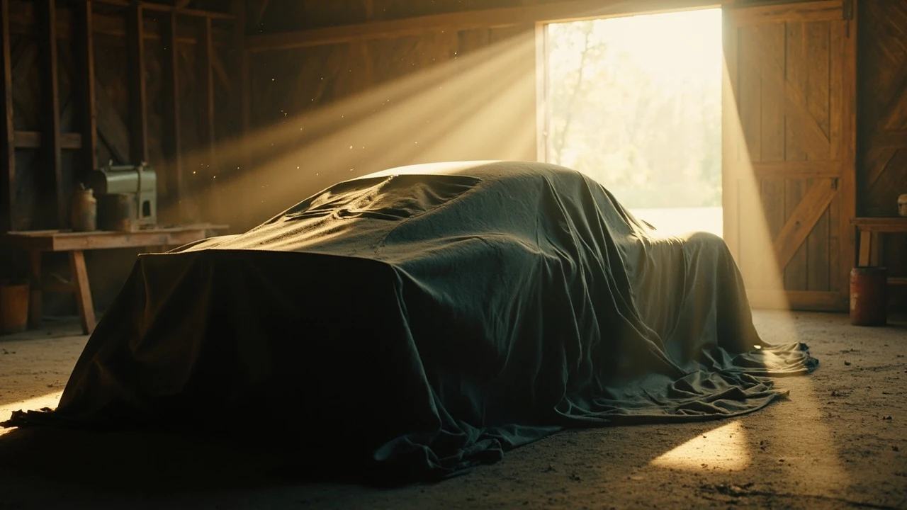Forza 5 barn finds concept scene with a dusty covered sports car in a sunlit barn