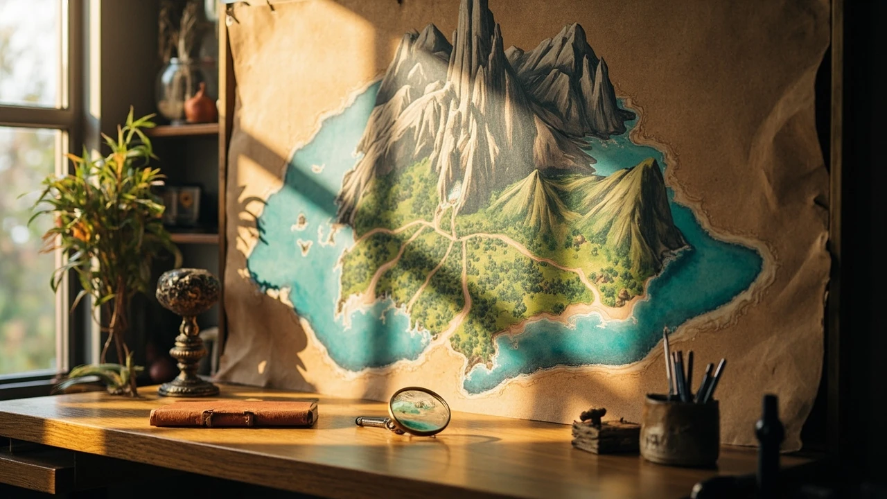 Editorial illustration of a printed fantasy game map pinned to a corkboard showing Pharloom region layout