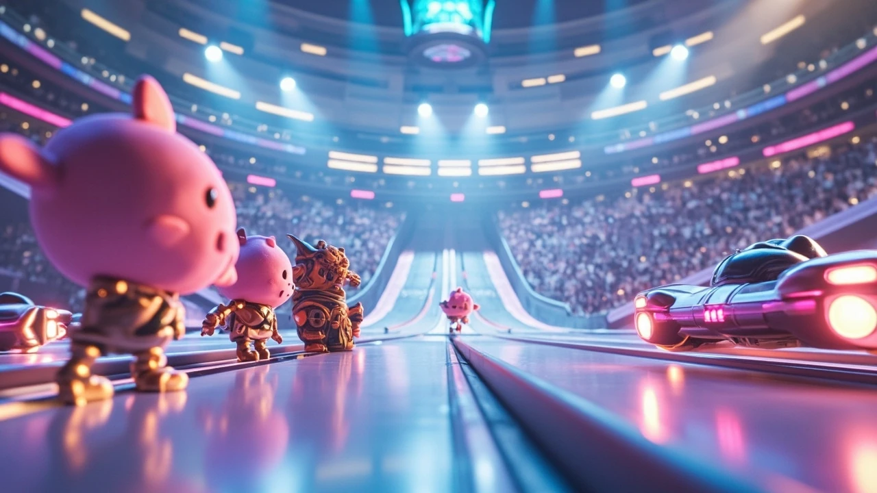 Editorial concept of Kirby Air Riders characters beside hovering vehicles on a bright indoor race track