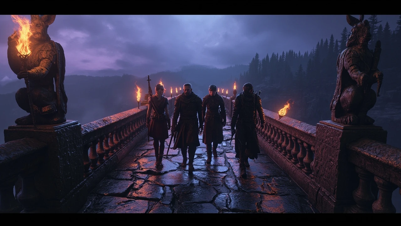 BG3 walkthrough hero scene of a tactical RPG party on a torchlit stone bridge