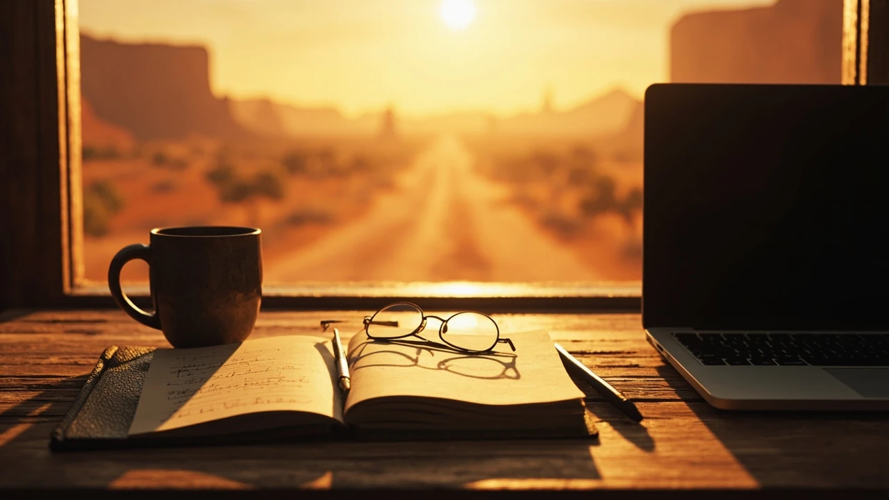 Red Dead Redemption 3 development concept art on a wooden desk