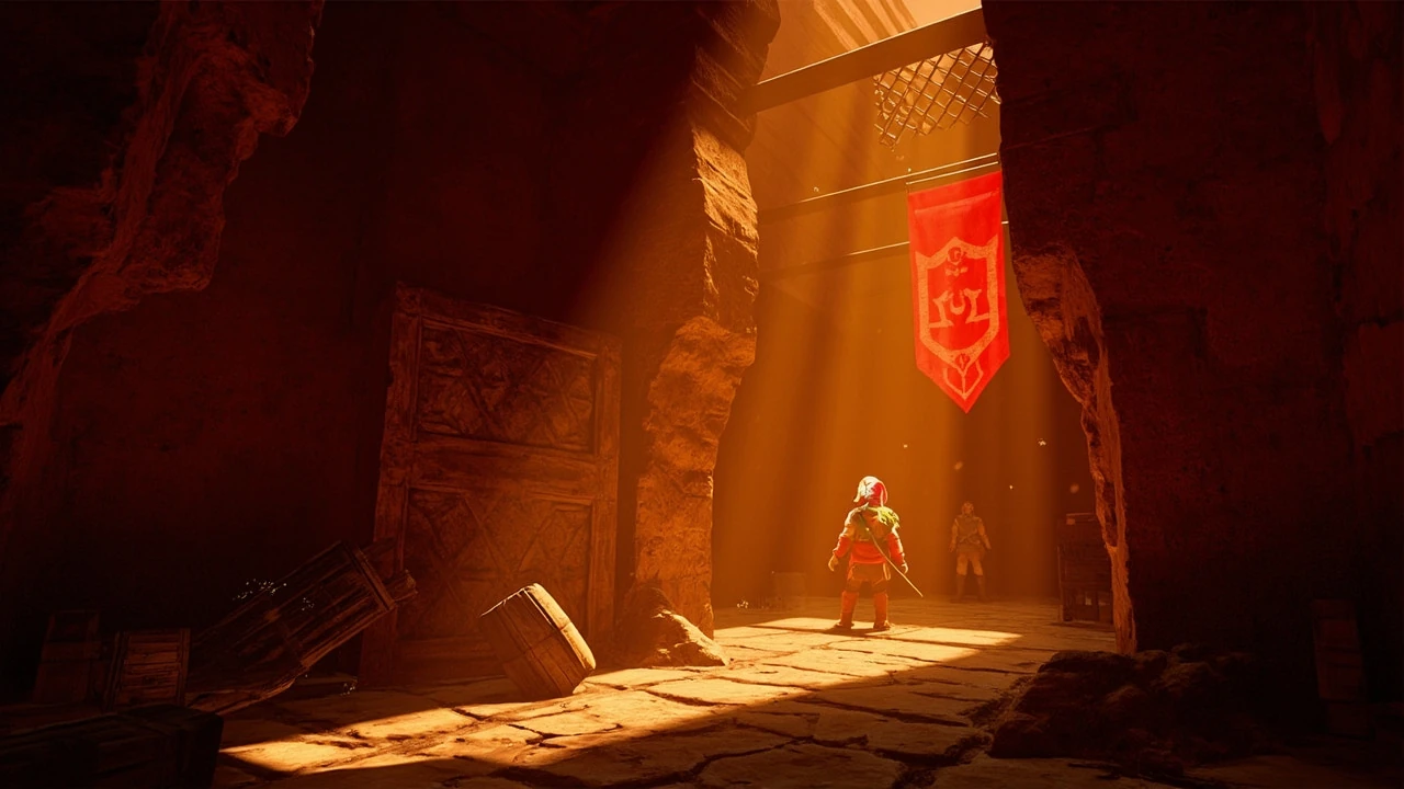 Yiga clan hideout in TOTK: a dimly lit stone corridor with masked footsoldiers and warm shafts of light